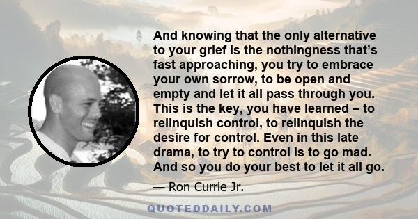 And knowing that the only alternative to your grief is the nothingness that’s fast approaching, you try to embrace your own sorrow, to be open and empty and let it all pass through you. This is the key, you have learned