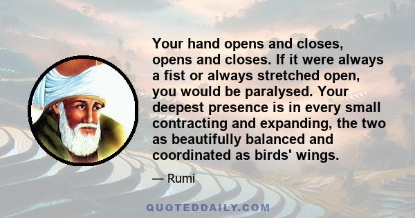 Your hand opens and closes, opens and closes. If it were always a fist or always stretched open, you would be paralysed. Your deepest presence is in every small contracting and expanding, the two as beautifully balanced