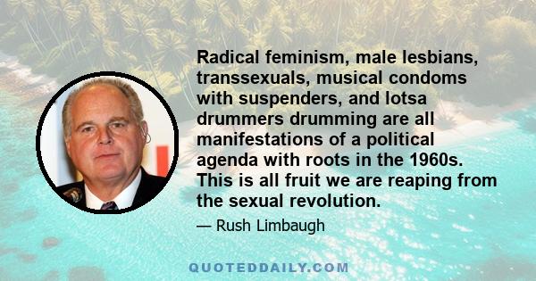 Radical feminism, male lesbians, transsexuals, musical condoms with suspenders, and lotsa drummers drumming are all manifestations of a political agenda with roots in the 1960s. This is all fruit we are reaping from the