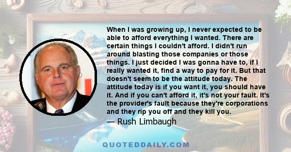When I was growing up, I never expected to be able to afford everything I wanted. There are certain things I couldn't afford. I didn't run around blasting those companies or those things. I just decided I was gonna have