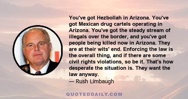 You've got Hezbollah in Arizona. You've got Mexican drug cartels operating in Arizona. You've got the steady stream of illegals over the border, and you've got people being killed now in Arizona. They are at their wits'