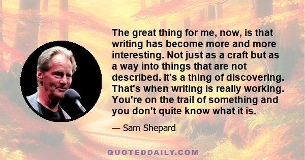 The great thing for me, now, is that writing has become more and more interesting. Not just as a craft but as a way into things that are not described. It's a thing of discovering. That's when writing is really working.