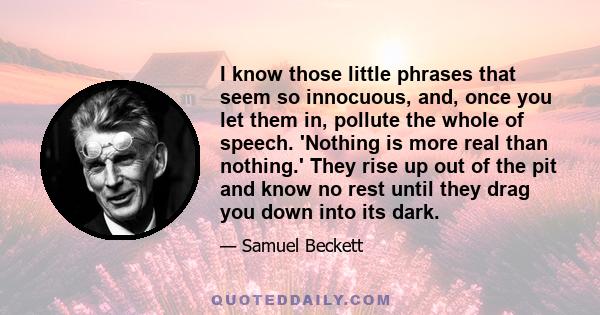 I know those little phrases that seem so innocuous, and, once you let them in, pollute the whole of speech. 'Nothing is more real than nothing.' They rise up out of the pit and know no rest until they drag you down into