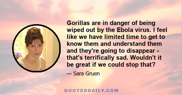 Gorillas are in danger of being wiped out by the Ebola virus. I feel like we have limited time to get to know them and understand them and they're going to disappear - that's terrifically sad. Wouldn't it be great if we