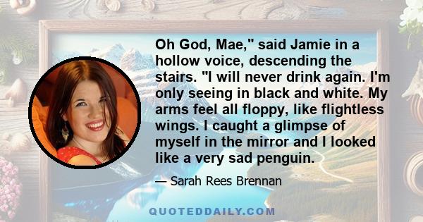 Oh God, Mae, said Jamie in a hollow voice, descending the stairs. I will never drink again. I'm only seeing in black and white. My arms feel all floppy, like flightless wings. I caught a glimpse of myself in the mirror