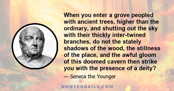 When you enter a grove peopled with ancient trees, higher than the ordinary, and shutting out the sky with their thickly inter-twined branches, do not the stately shadows of the wood, the stillness of the place, and the