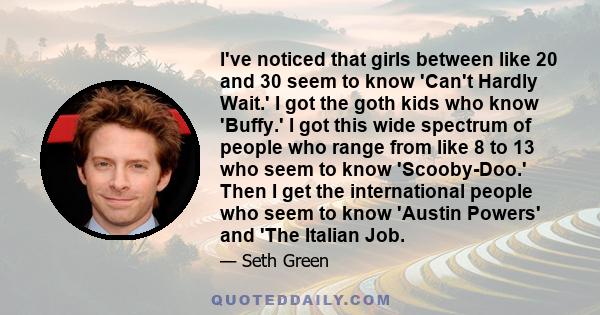 I've noticed that girls between like 20 and 30 seem to know 'Can't Hardly Wait.' I got the goth kids who know 'Buffy.' I got this wide spectrum of people who range from like 8 to 13 who seem to know 'Scooby-Doo.' Then I