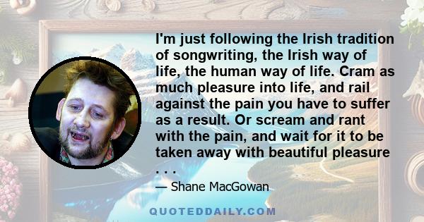 I'm just following the Irish tradition of songwriting, the Irish way of life, the human way of life. Cram as much pleasure into life, and rail against the pain you have to suffer as a result. Or scream and rant with the