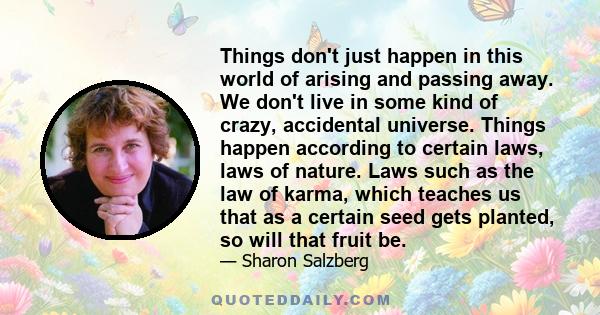 Things don't just happen in this world of arising and passing away. We don't live in some kind of crazy, accidental universe. Things happen according to certain laws, laws of nature. Laws such as the law of karma, which