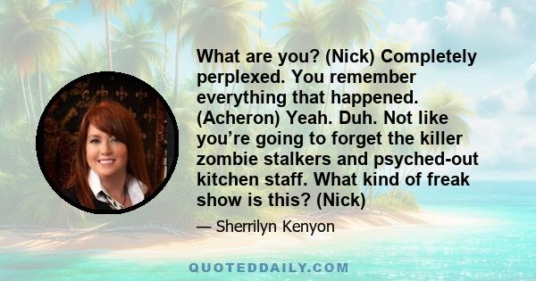 What are you? (Nick) Completely perplexed. You remember everything that happened. (Acheron) Yeah. Duh. Not like you’re going to forget the killer zombie stalkers and psyched-out kitchen staff. What kind of freak show is