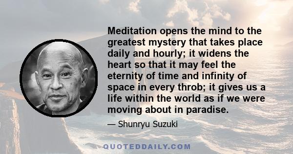 Meditation opens the mind to the greatest mystery that takes place daily and hourly; it widens the heart so that it may feel the eternity of time and infinity of space in every throb; it gives us a life within the world