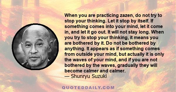 When you are practicing zazen, do not try to stop your thinking. Let it stop by itself. If something comes into your mind, let it come in, and let it go out. It will not stay long. When you try to stop your thinking, it