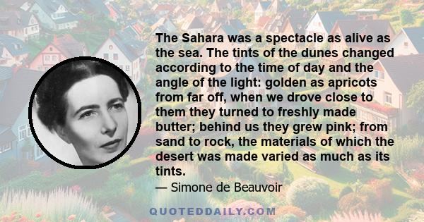 The Sahara was a spectacle as alive as the sea. The tints of the dunes changed according to the time of day and the angle of the light: golden as apricots from far off, when we drove close to them they turned to freshly