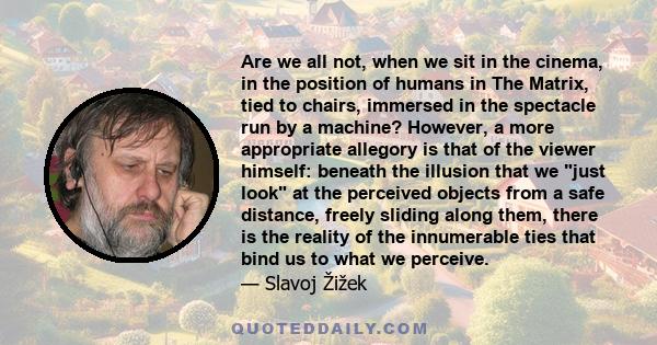 Are we all not, when we sit in the cinema, in the position of humans in The Matrix, tied to chairs, immersed in the spectacle run by a machine? However, a more appropriate allegory is that of the viewer himself: beneath
