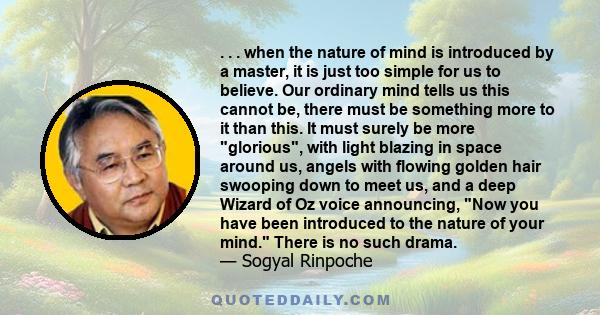 . . . when the nature of mind is introduced by a master, it is just too simple for us to believe. Our ordinary mind tells us this cannot be, there must be something more to it than this. It must surely be more glorious,