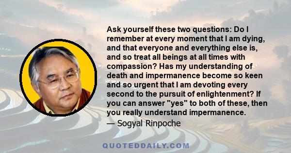 Ask yourself these two questions: Do I remember at every moment that I am dying, and that everyone and everything else is, and so treat all beings at all times with compassion? Has my understanding of death and