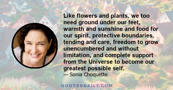 Like flowers and plants, we too need ground under our feet, warmth and sunshine and food for our spirit, protective boundaries, tending and care, freedom to grow unencumbered and without limitation, and complete support