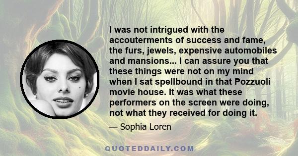 I was not intrigued with the accouterments of success and fame, the furs, jewels, expensive automobiles and mansions... I can assure you that these things were not on my mind when I sat spellbound in that Pozzuoli movie