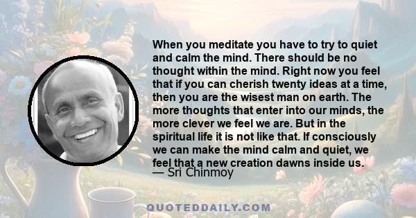 When you meditate you have to try to quiet and calm the mind. There should be no thought within the mind. Right now you feel that if you can cherish twenty ideas at a time, then you are the wisest man on earth. The more