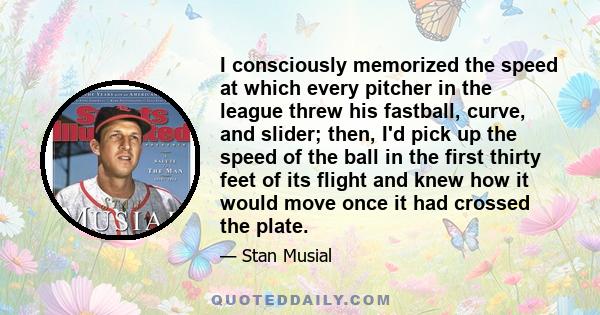I consciously memorized the speed at which every pitcher in the league threw his fastball, curve, and slider; then, I'd pick up the speed of the ball in the first thirty feet of its flight and knew how it would move