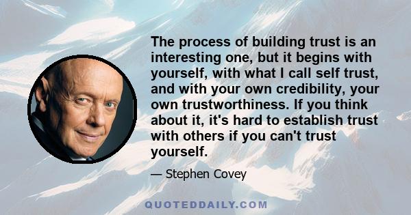 The process of building trust is an interesting one, but it begins with yourself, with what I call self trust, and with your own credibility, your own trustworthiness. If you think about it, it's hard to establish trust