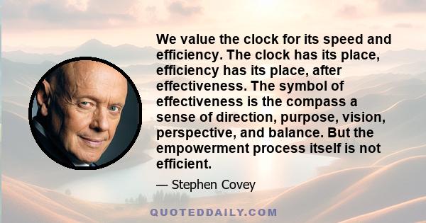 We value the clock for its speed and efficiency. The clock has its place, efficiency has its place, after effectiveness. The symbol of effectiveness is the compass a sense of direction, purpose, vision, perspective, and