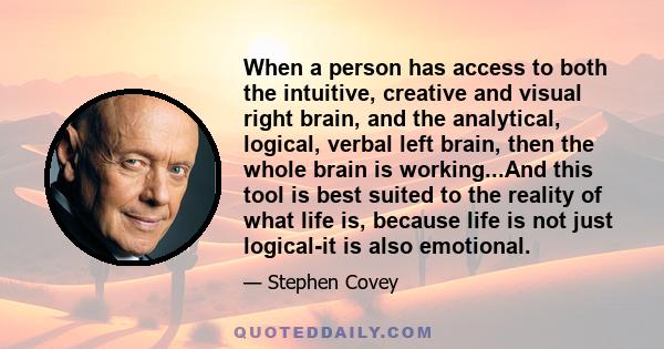 When a person has access to both the intuitive, creative and visual right brain, and the analytical, logical, verbal left brain, then the whole brain is working...And this tool is best suited to the reality of what life