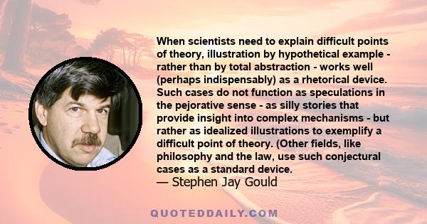 When scientists need to explain difficult points of theory, illustration by hypothetical example - rather than by total abstraction - works well (perhaps indispensably) as a rhetorical device. Such cases do not function