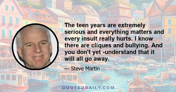 The teen years are extremely serious and everything matters and every insult really hurts. I know there are cliques and bullying. And you don't yet understand that it will all go away.