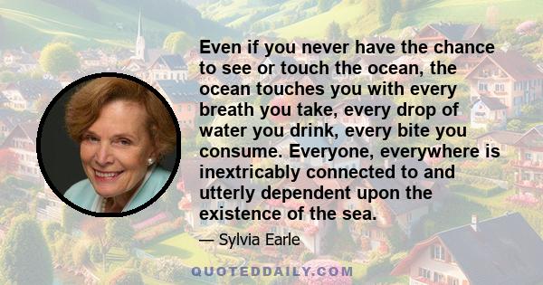 Even if you never have the chance to see or touch the ocean, the ocean touches you with every breath you take, every drop of water you drink, every bite you consume. Everyone, everywhere is inextricably connected to and