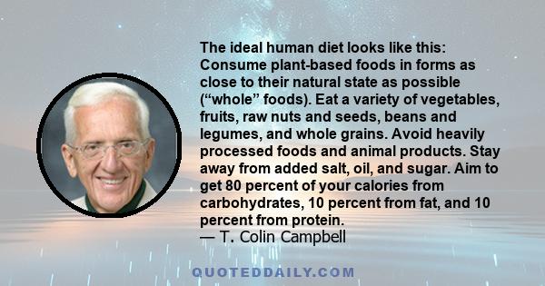 The ideal human diet looks like this: Consume plant-based foods in forms as close to their natural state as possible (“whole” foods). Eat a variety of vegetables, fruits, raw nuts and seeds, beans and legumes, and whole