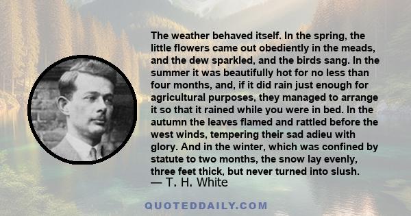 The weather behaved itself. In the spring, the little flowers came out obediently in the meads, and the dew sparkled, and the birds sang. In the summer it was beautifully hot for no less than four months, and, if it did