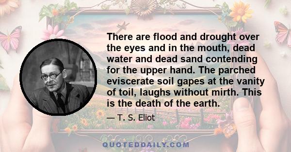There are flood and drought over the eyes and in the mouth, dead water and dead sand contending for the upper hand. The parched eviscerate soil gapes at the vanity of toil, laughs without mirth. This is the death of the