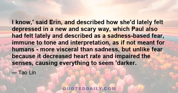 I know,' said Erin, and described how she'd lately felt depressed in a new and scary way, which Paul also had felt lately and described as a sadness-based fear, immune to tone and interpretation, as if not meant for