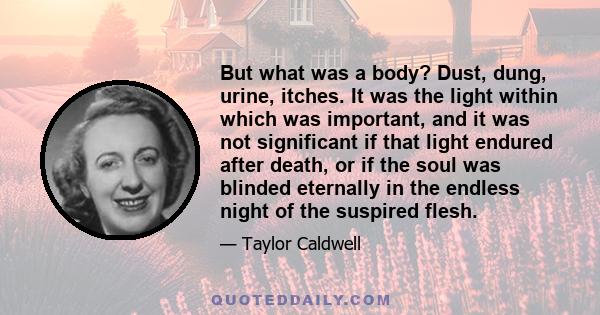 But what was a body? Dust, dung, urine, itches. It was the light within which was important, and it was not significant if that light endured after death, or if the soul was blinded eternally in the endless night of the