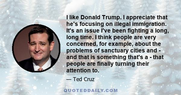 I like Donald Trump. I appreciate that he's focusing on illegal immigration. It's an issue I've been fighting a long, long time. I think people are very concerned, for example, about the problems of sanctuary cities and