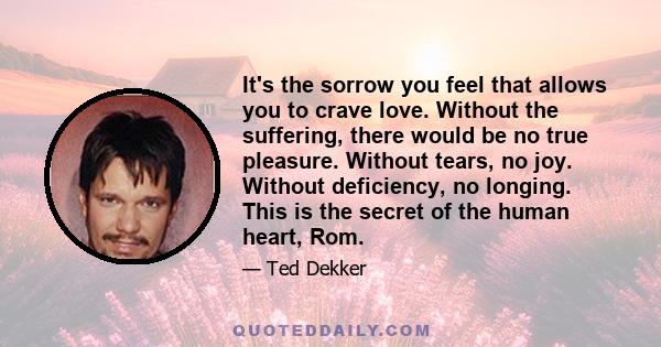 It's the sorrow you feel that allows you to crave love. Without the suffering, there would be no true pleasure. Without tears, no joy. Without deficiency, no longing. This is the secret of the human heart, Rom.