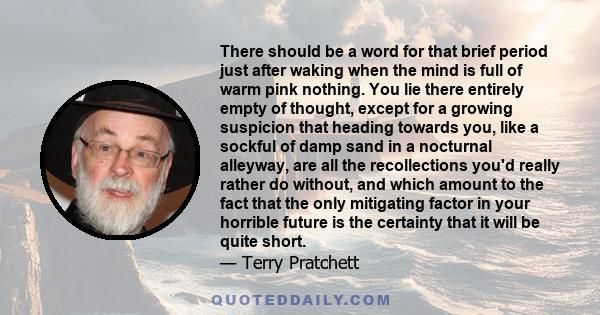 There should be a word for that brief period just after waking when the mind is full of warm pink nothing. You lie there entirely empty of thought, except for a growing suspicion that heading towards you, like a sockful