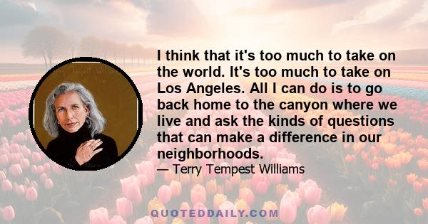 I think that it's too much to take on the world. It's too much to take on Los Angeles. All I can do is to go back home to the canyon where we live and ask the kinds of questions that can make a difference in our