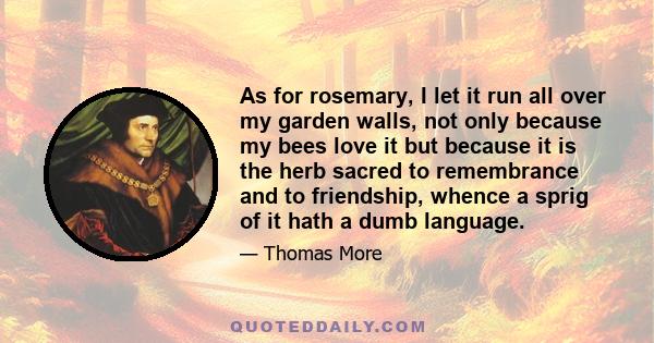As for rosemary, I let it run all over my garden walls, not only because my bees love it but because it is the herb sacred to remembrance and to friendship, whence a sprig of it hath a dumb language.