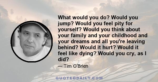 What would you do? Would you jump? Would you feel pity for yourself? Would you think about your family and your childhood and your dreams and all you're leaving behind? Would it hurt? Would it feel like dying? Would you