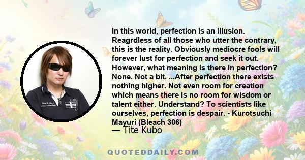 In this world, perfection is an illusion. Reagrdless of all those who utter the contrary, this is the reality. Obviously mediocre fools will forever lust for perfection and seek it out. However, what meaning is there in