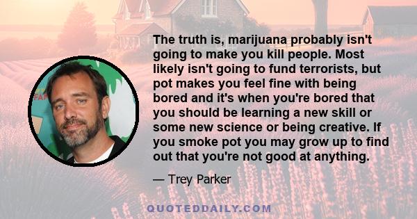 The truth is, marijuana probably isn't going to make you kill people. Most likely isn't going to fund terrorists, but pot makes you feel fine with being bored and it's when you're bored that you should be learning a new