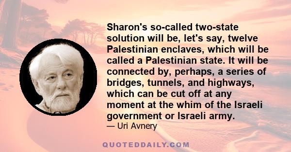 Sharon's so-called two-state solution will be, let's say, twelve Palestinian enclaves, which will be called a Palestinian state. It will be connected by, perhaps, a series of bridges, tunnels, and highways, which can be