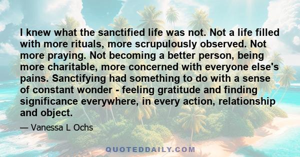 I knew what the sanctified life was not. Not a life filled with more rituals, more scrupulously observed. Not more praying. Not becoming a better person, being more charitable, more concerned with everyone else's pains.