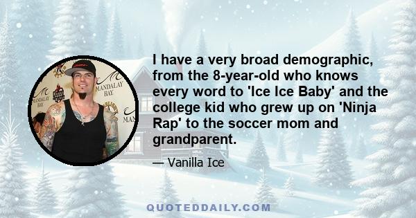 I have a very broad demographic, from the 8-year-old who knows every word to 'Ice Ice Baby' and the college kid who grew up on 'Ninja Rap' to the soccer mom and grandparent.