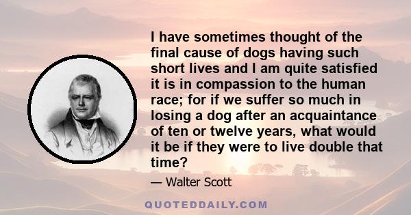 I have sometimes thought of the final cause of dogs having such short lives and I am quite satisfied it is in compassion to the human race; for if we suffer so much in losing a dog after an acquaintance of ten or twelve