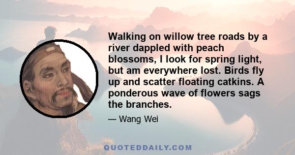 Walking on willow tree roads by a river dappled with peach blossoms, I look for spring light, but am everywhere lost. Birds fly up and scatter floating catkins. A ponderous wave of flowers sags the branches.