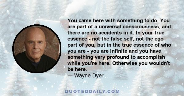 You came here with something to do. You are part of a universal consciousness, and there are no accidents in it. In your true essence - not the false self, not the ego part of you, but in the true essence of who you are