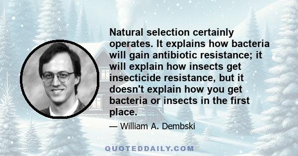 Natural selection certainly operates. It explains how bacteria will gain antibiotic resistance; it will explain how insects get insecticide resistance, but it doesn't explain how you get bacteria or insects in the first